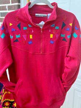 Vintage 90s Chinawear Pink Half Zip Sweatshirt w Geometric sz L